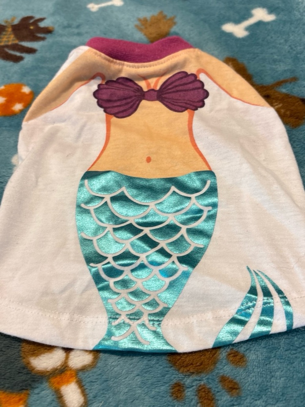 Dog White Mermaid Graphic Tee with Teal Metallic Tail